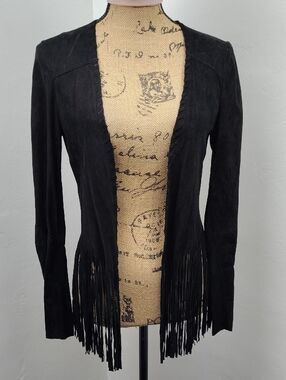 Zara Woman Black Suede Fringe Open-Front Jacket Goat Leather Size Small
